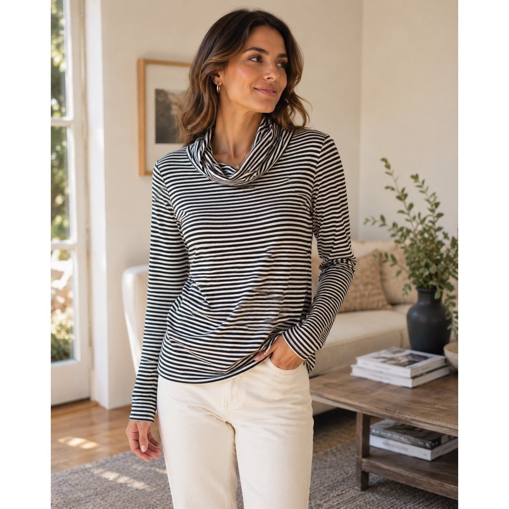 Lauren Ralph Lauren Striped‎ Cowl Neck Top Black White Stretch Women's S